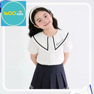 Áo Sơ Mi Cộc Tay Bé Gái ESS25S001R Wookids | Áo Sơ Mi Bé Gái 6-14 Tuổi Thoáng Mát Thanh Lịch Thời Trang Trẻ Em