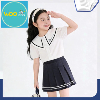 Áo Sơ Mi Cộc Tay Bé Gái ESS25S001R Wookids | Áo Sơ Mi Bé Gái 6-14 Tuổi Thoáng Mát Thanh Lịch Thời Trang Trẻ Em