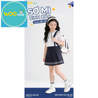 Áo Sơ Mi Cộc Tay Bé Gái ESS25S001R Wookids | Áo Sơ Mi Bé Gái 6-14 Tuổi Thoáng Mát Thanh Lịch Thời Trang Trẻ Em