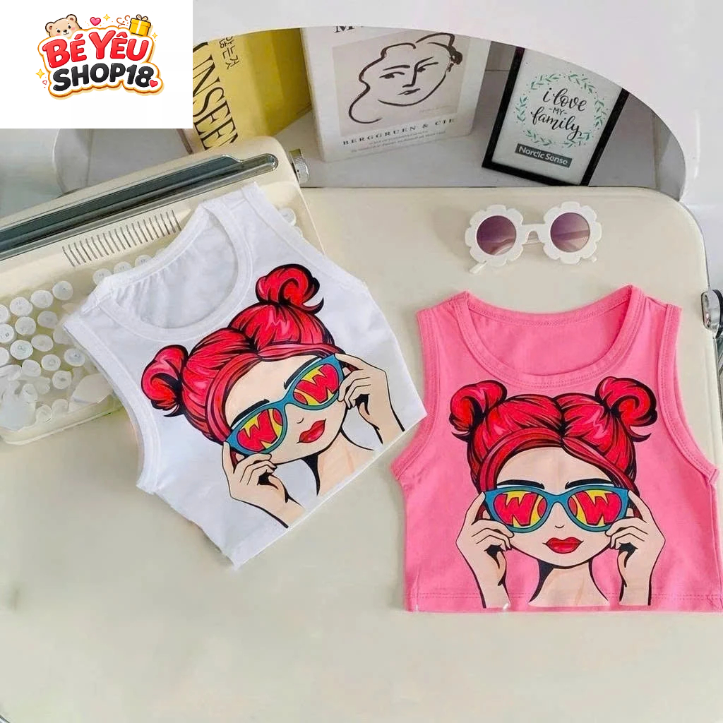 Combo 2 Áo Thun Croptop Bé Gái Cotton Co Giãn 4 Chiều Mềm Mịn, Áo Sát Nách In Hình Dễ Thương