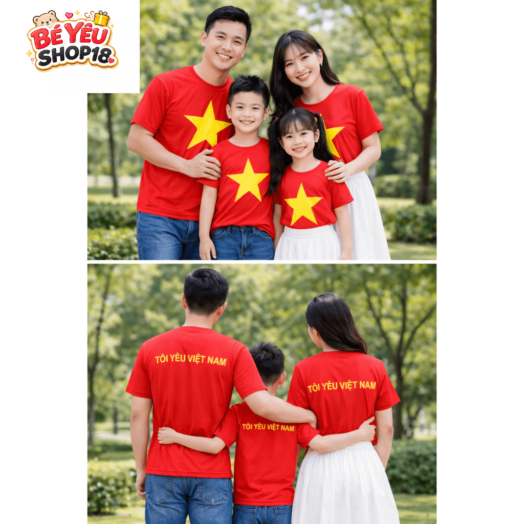Áo Cờ Đỏ Sao Vàng Trẻ Em Người lớn từ 10-80kg Áo Thun Cờ Đỏ Sao Vàng in 2 mặt