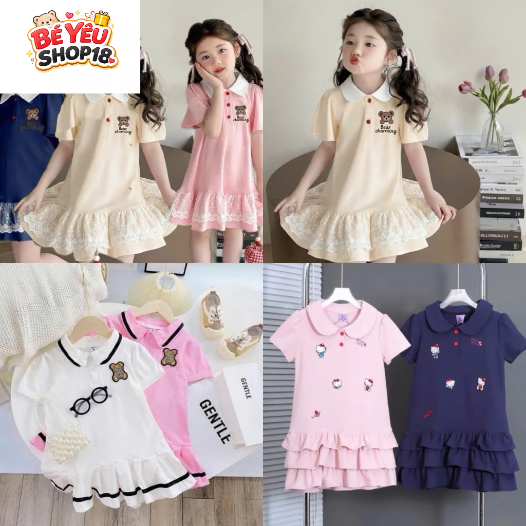 Váy polo bé gái bèo tầng từ 9kg-35kg Đầm bé gái dễ thương Hello Kitty, chất vải polo thoáng mát