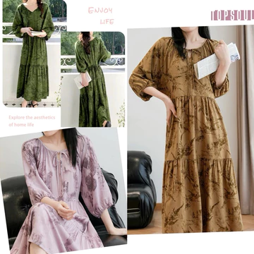 Đầm ngắn tay 3 tầng xoè vải tole lanh, freesize rộng rãi, đầm ngủ, đầm mặc nhà, đầm bầu NTCDD3T1