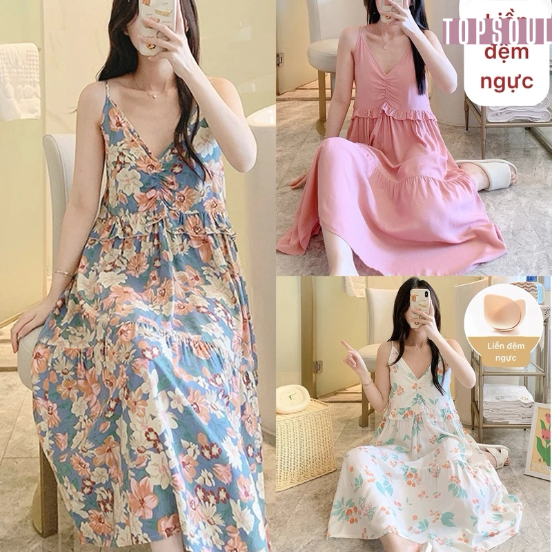 (Xả) Váy lanh lụa Quảng Châu hai dây họa tiết trẻ trung, thời trang 2D4 ...