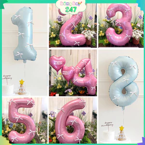 Bóng Số Tuổi Xanh Dương/Hồng Kèm Nơ Ruy Băng – Bóng Bay Decor Trang Trí Thôi Nôi,Sinh Nhật Cho Bé