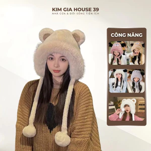 Mũ mùa đông nữ tai cún dễ thương có dây quả nón ấm áp – mũ len tai thú giữ nhiệt, phong cách Hàn Quốc