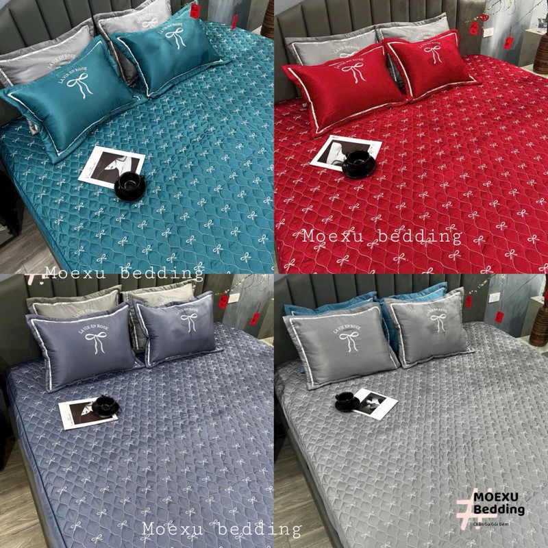 Bộ Ga Gối Thêu Nơ Cao Cấp 3 Kích Thước 1m2 1m6 1m8 – Cotton Mềm Mịn, Phong Cách Hàn Quốc, Giá Rẻ