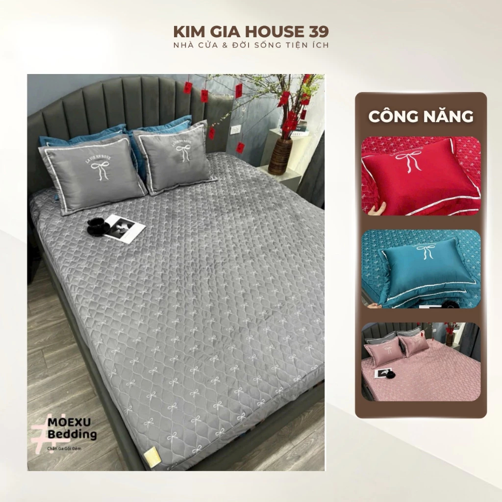 Bộ Ga Gối Thêu Nơ Cao Cấp 3 Kích Thước 1m2 1m6 1m8 – Cotton Mềm Mịn, Phong Cách Hàn Quốc, Giá Rẻ