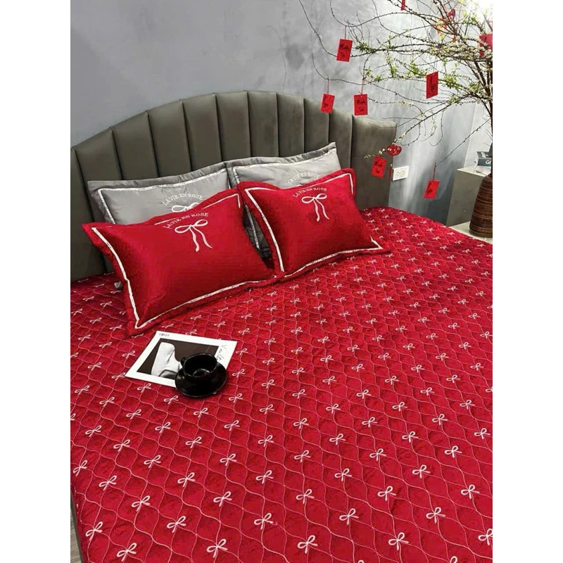 Bộ Ga Gối Thêu Nơ Cao Cấp 3 Kích Thước 1m2 1m6 1m8 – Cotton Mềm Mịn, Phong Cách Hàn Quốc, Giá Rẻ