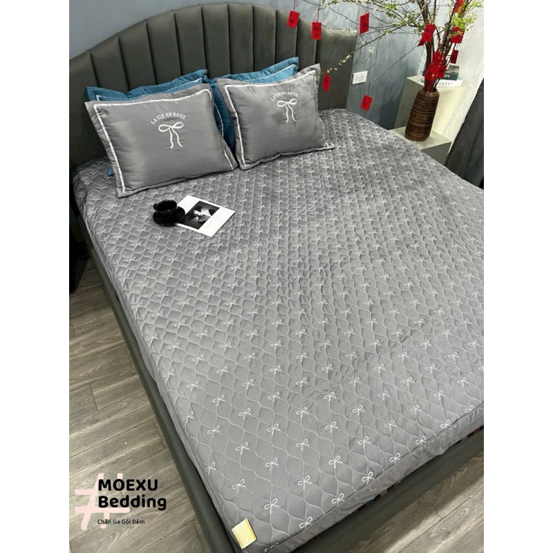 Bộ Ga Gối Thêu Nơ Cao Cấp 3 Kích Thước 1m2 1m6 1m8 – Cotton Mềm Mịn, Phong Cách Hàn Quốc, Giá Rẻ