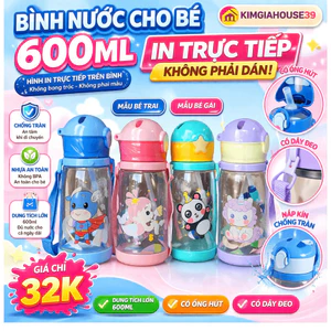Bình Nước Cho Bé 600ml In Hình Trực Tiếp – Không Phải Dán, Có Ống Hút, Dây Đeo, Chống Tràn