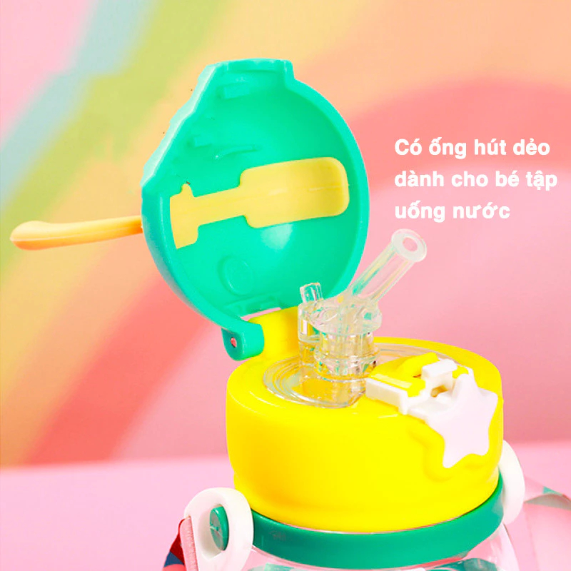 Bình Nước Cho Bé 600ml In Hình Trực Tiếp – Không Phải Dán, Có Ống Hút, Dây Đeo, Chống Tràn