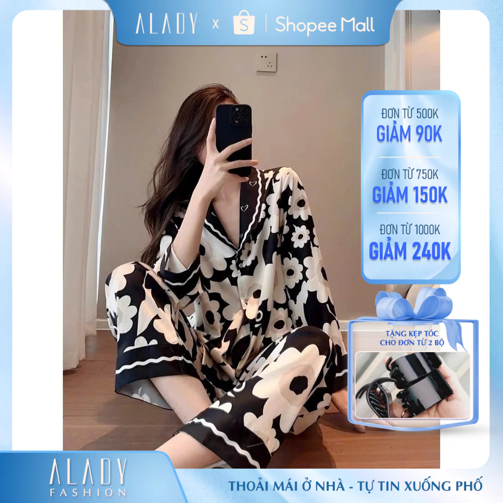 Đồ nữ Pijama ALADY lụa Latin cao cấp, sang trọng họa tiết hoa đen trắng ...