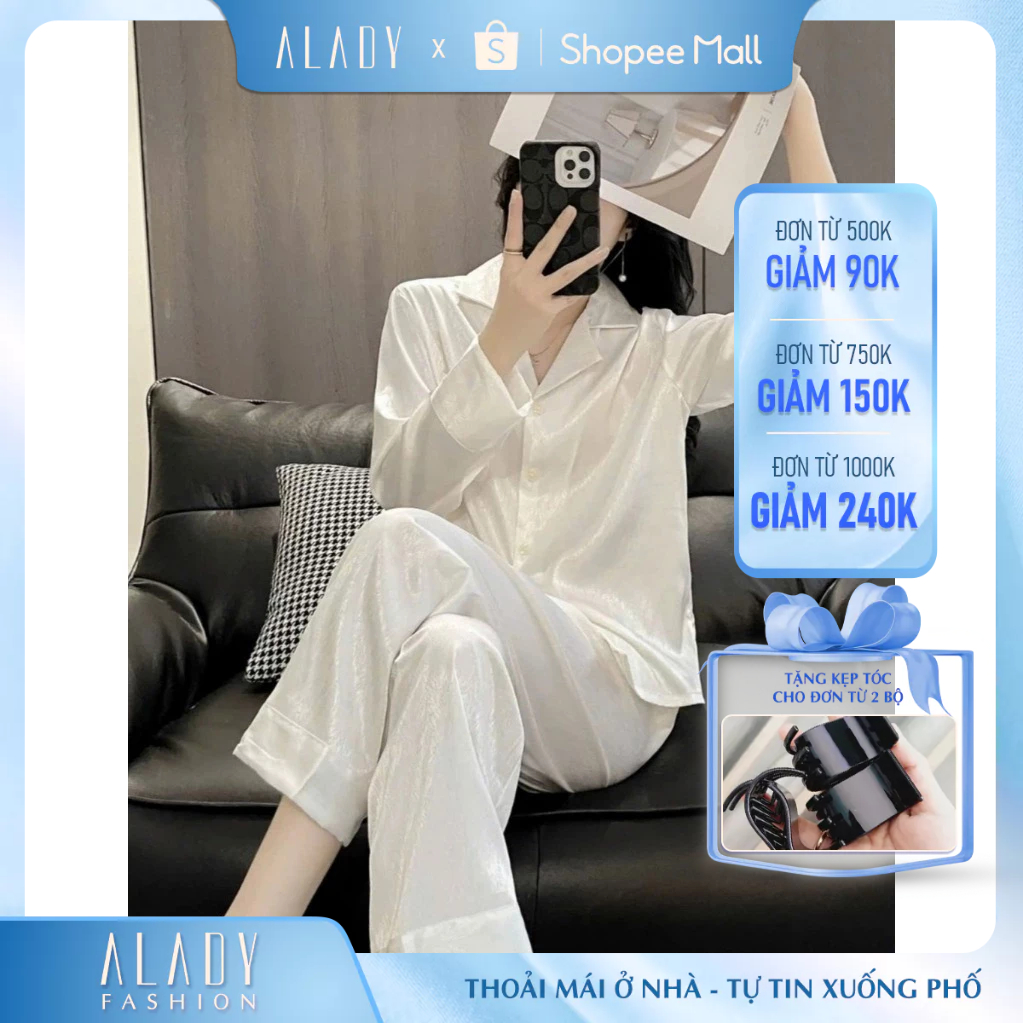 Bộ đồ ngủ nữ Pijama ALADY tay dài chất vải lụa ánh kim cao cấp - TD034