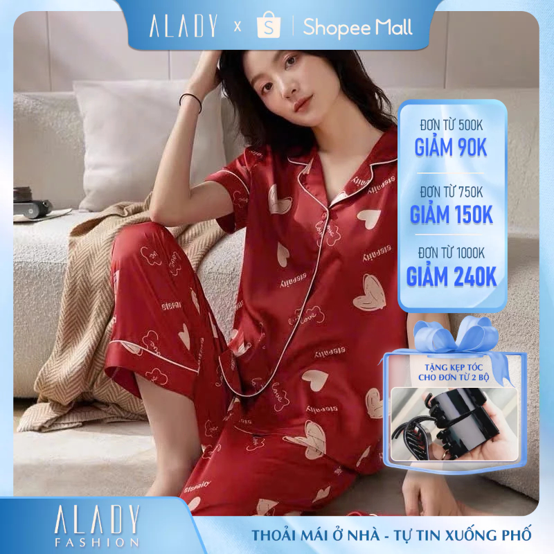 Đồ nữ Pijama ALADY lụa Latin cao cấp, sang trọng họa tiết trái tim cộc ...