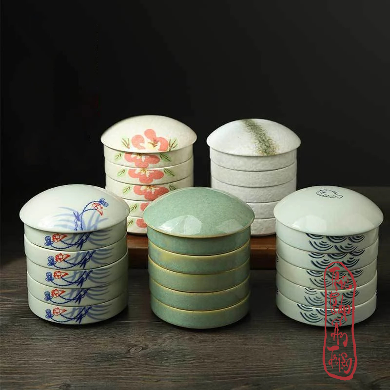 Khau pha màu sứ 5 tầng khay palette pha màu gốm hoa văn vẽ tranh thư pháp thủy mặc