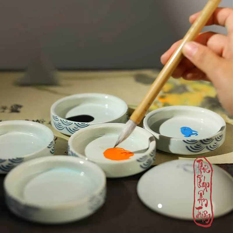 Khau pha màu sứ 5 tầng khay palette pha màu gốm hoa văn vẽ tranh thư pháp thủy mặc