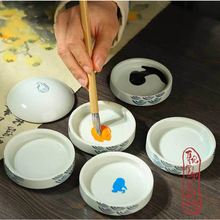 Khau pha màu sứ 5 tầng khay palette pha màu gốm hoa văn vẽ tranh thư pháp thủy mặc