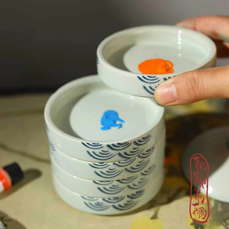 Khau pha màu sứ 5 tầng khay palette pha màu gốm hoa văn vẽ tranh thư pháp thủy mặc