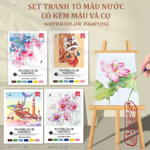 Set tranh tô màu nước - Tranh tô màu cổ trang phong cảnh hoa lá - thiếu nữ thanh xuân