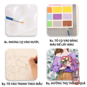 Có sẵn màu và cọ Set tranh tô màu nước - Tranh tô màu cổ trang phong cảnh hoa lá - thiếu nữ thanh xuân TPAT