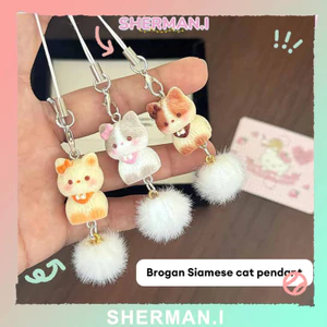 Mặt dây chuyền hình mèo Xiêm 3D hoạt hình dễ thương cho bé gái dây đeo điện thoại hình trái tim bằng vải nhung mềm mại