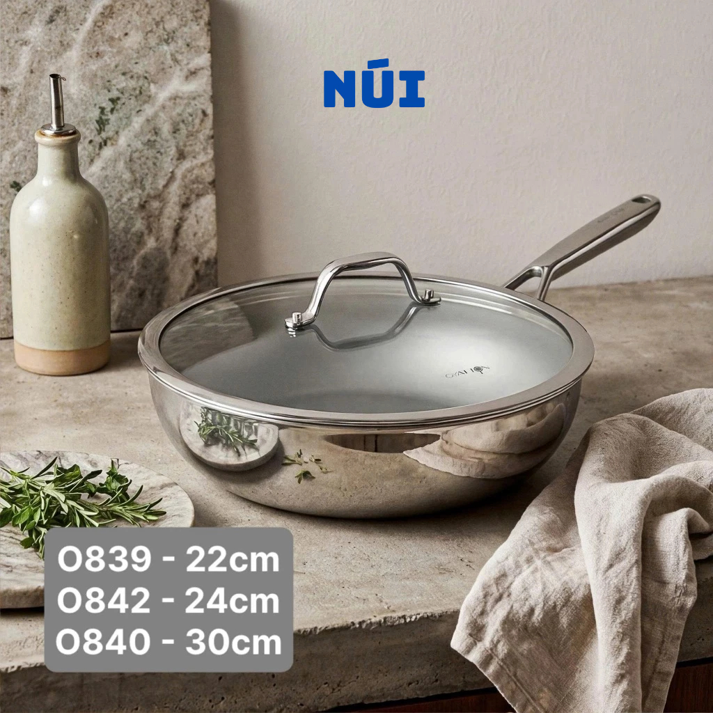 Chảo Sâu Lòng Kèm Kính Inox 18/10 OYATTON Size 20,22,24,30 Chiên Rán Xào Không Dính, Không Cần Canh Nhiệt