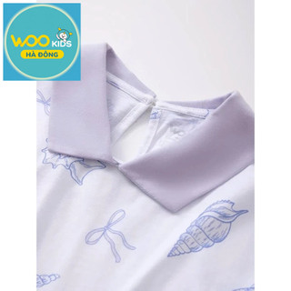 Áo Thun Có Cổ Bé Gái GPS25S001R | Wookids | 3-9 Tuổi | 100% Cotton | Polo Trắng Tím Mềm Mát, Thanh Lịch