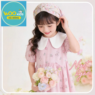 Váy Liền Dệt Thoi Bé Gái DDW26S004R | Wookids | 2-12 Tuổi | 100% Cotton Mềm Mại, Thoáng Mát, Dễ Thương