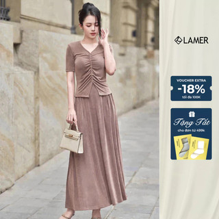 Áo dáng ôm tay cộc thun nhún phối phối chân váy thun cạp chun dáng dài LAMER L61B25H057 L62L25H012