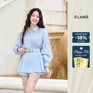 Áo Sơ Mi Nữ Dài Tay Kẻ Sọc Phối Ren, Quần Short Giả Váy VIEN TRAN O61H25Q005 O64S25H005