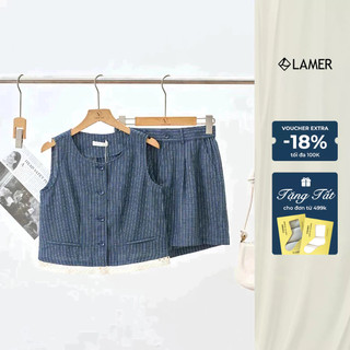 Áo sát nách cổ tròn phối gấu phối quần short chun sườn túi chéo VIEN TRAN V64S25H010V65G25H006