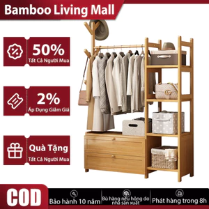 Bamboo Living Mall Tủ quần áo gỗ tre có móc treo Kệ để đồ có ngăn kéo Vintage decor Ba lựa chọn