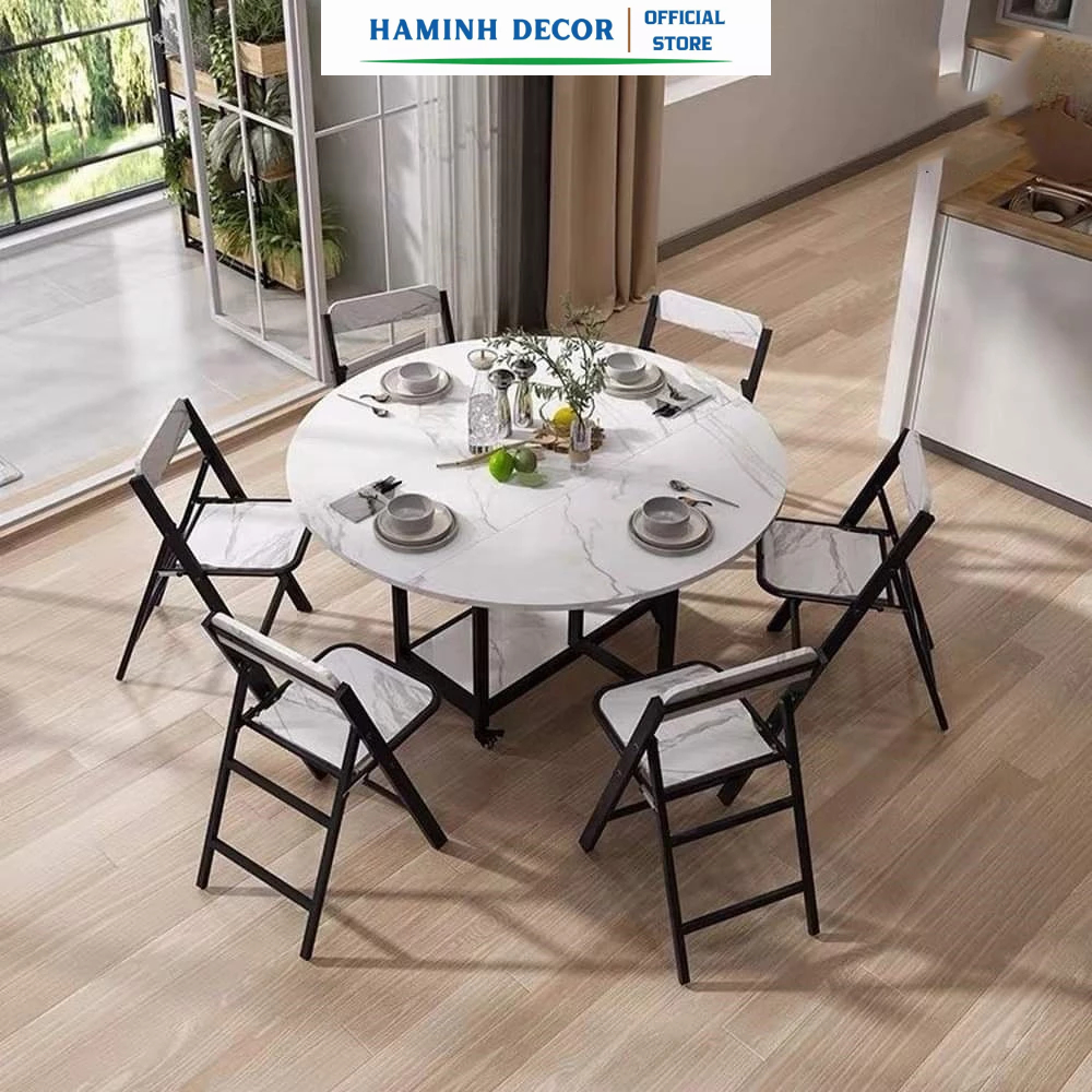Bộ bàn ăn gấp gọn thông minh lắp hoàn chỉnh có bánh xe dễ dàng di chuyển, chống nước chống xước chống cong vênh HM608