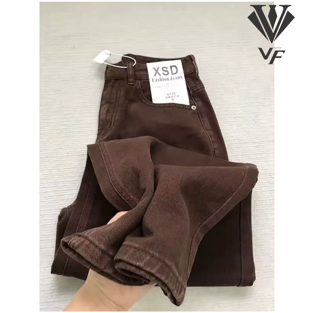 Quần Jean Nữ Suông Nâu Ống Rộng Lưng Cao Trơn Dài Basic
