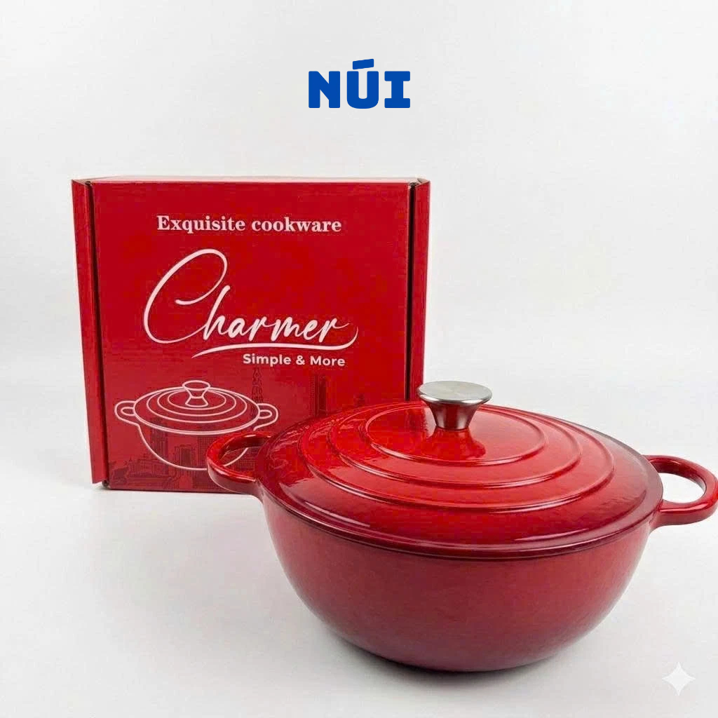 Nồi Gang Đúc Charmer 26cm Chính Hãng - Nồi Gang Đỏ Sang Trọng Nấu Lẩu, Kho Hầm Phù Hợp Mọi Loại bếp