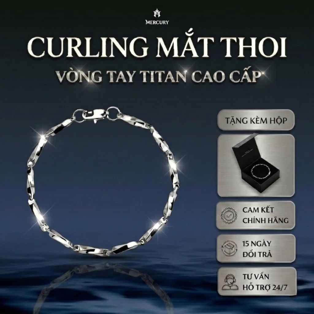 Vòng tay titan không gỉ CURLING unisex kèm hộp cao cấp MERCURY quà tặng bạn trai, bạn gái