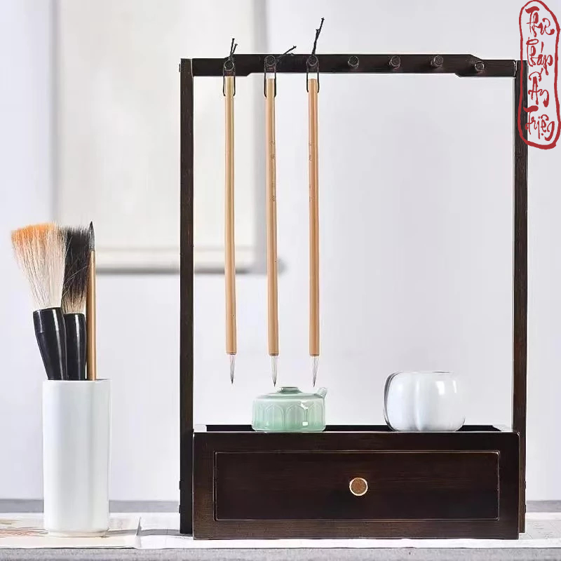 Giá Treo Bút Lông Thư Pháp Kèm Kệ Để Đồ Cao Cấp Có Ngăn Kéo Gỗ Văn Phòng Tứ Bảo Dành Cho Người Học Thư Pháp