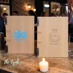 Bìa menu gỗ melamine 5mm size A4 kết hợp cồng inox đính da - LYNHDECOR [FREE KHẮC Laser,in UV LOGO]