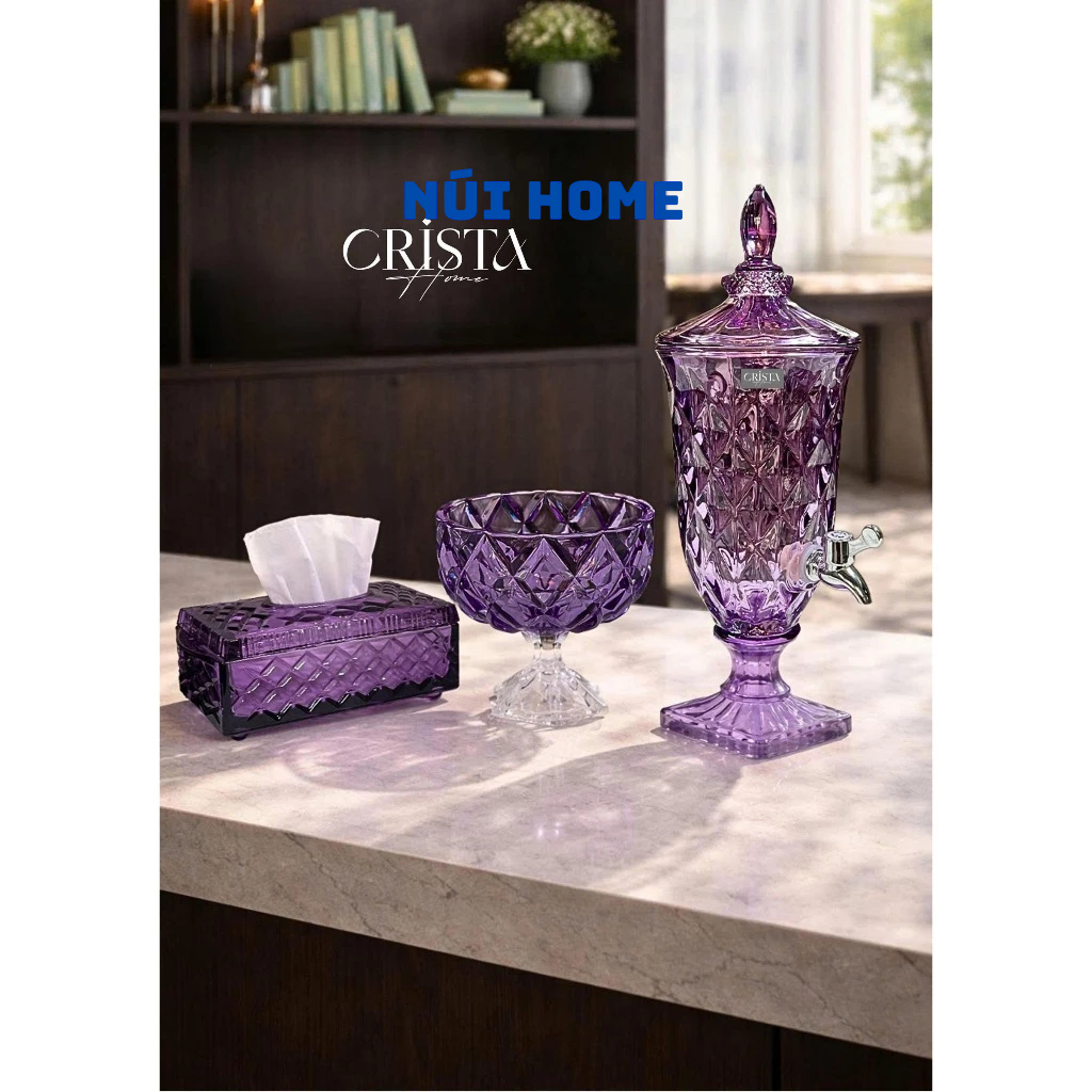 Bình Nước Thủy Tinh Vân Kim Cương Có Vòi 2L Crista Home - Đựng nước detox, nước trái cây, trà hoa quả (60267)