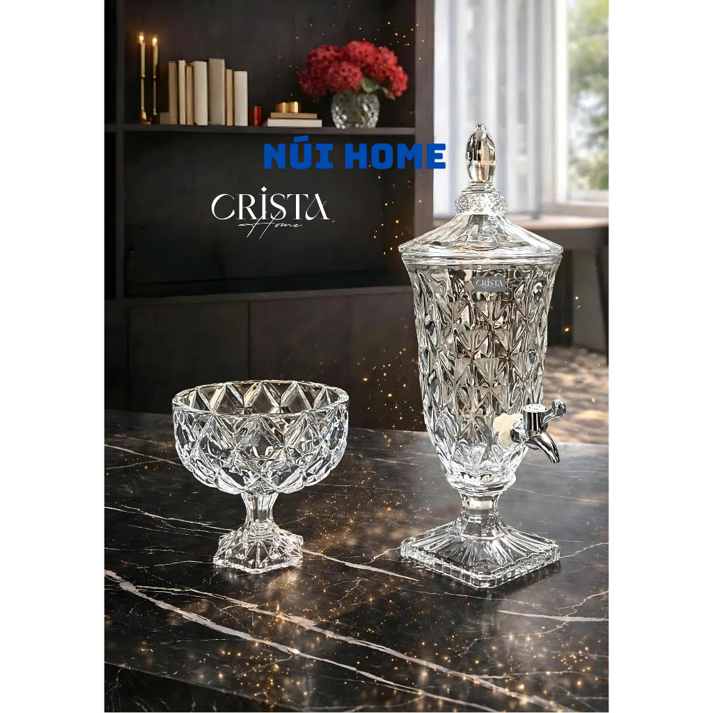 Bình Nước Thủy Tinh Vân Kim Cương Có Vòi 2L Crista Home - Đựng nước detox, nước trái cây, trà hoa quả (60267)