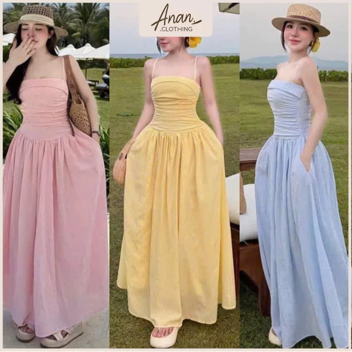 Đầm Maxi 2 Dây Nhún Ngực Xếp Ly Dáng Xòe Dài Màu Pastel Tôn Dáng Tiểu Thư