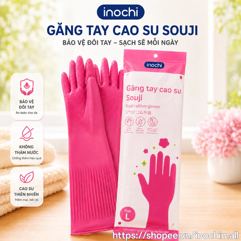 Găng Tay Cao Su Souji Inochi Chính Hãng - Găng Tay Rửa Chén Chống Thấm, Cao Su Thiên Nhiên Mềm Mại