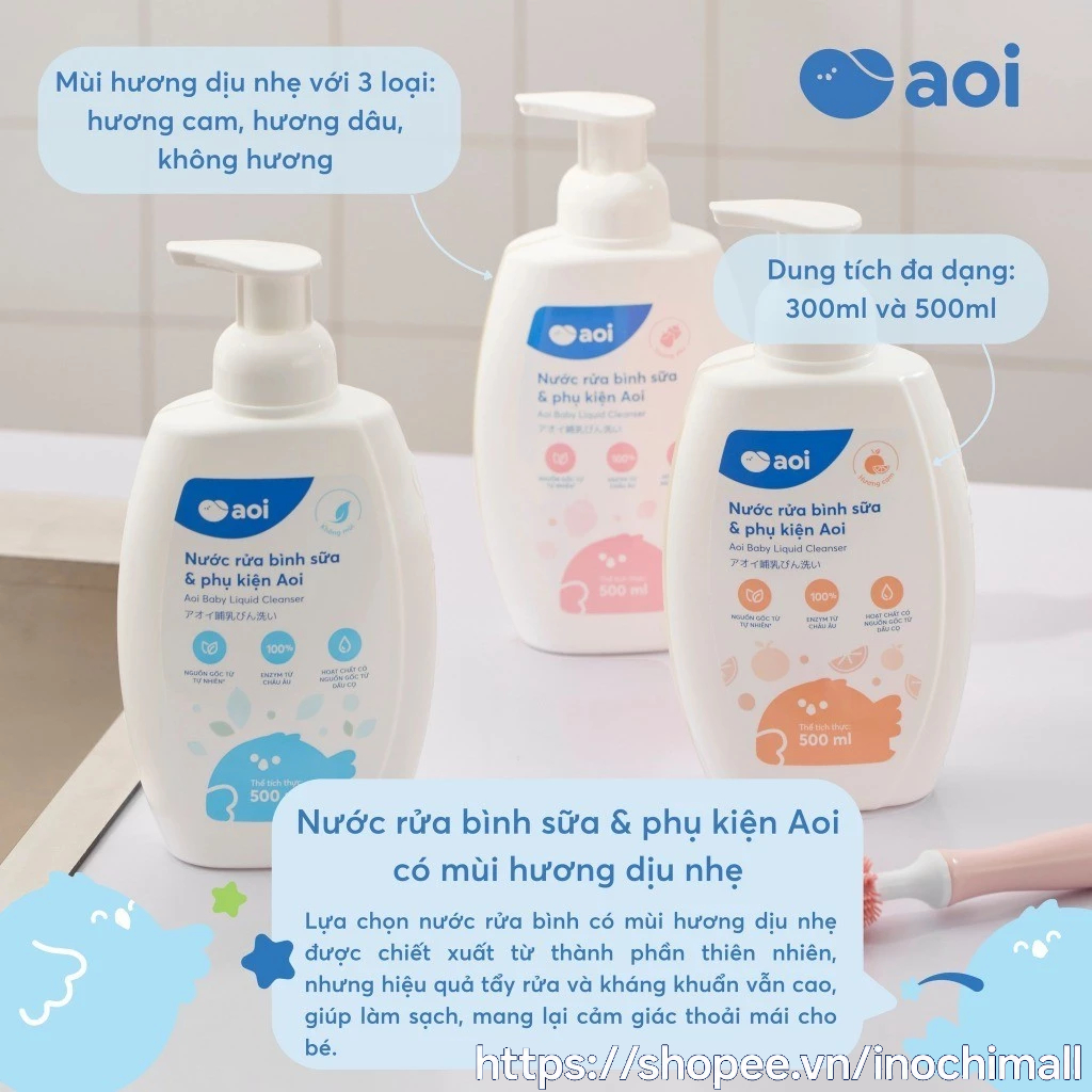 Nước rửa bình sữa Aoi 300-500ml nguồn gốc tự nhiên từ dầu cọ, an toàn, Enzym nhập khẩu từ Châu Âu