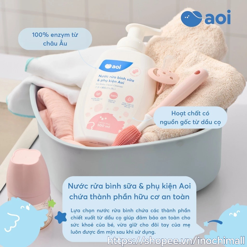 Nước rửa bình sữa Aoi 300-500ml nguồn gốc tự nhiên từ dầu cọ, an toàn, Enzym nhập khẩu từ Châu Âu