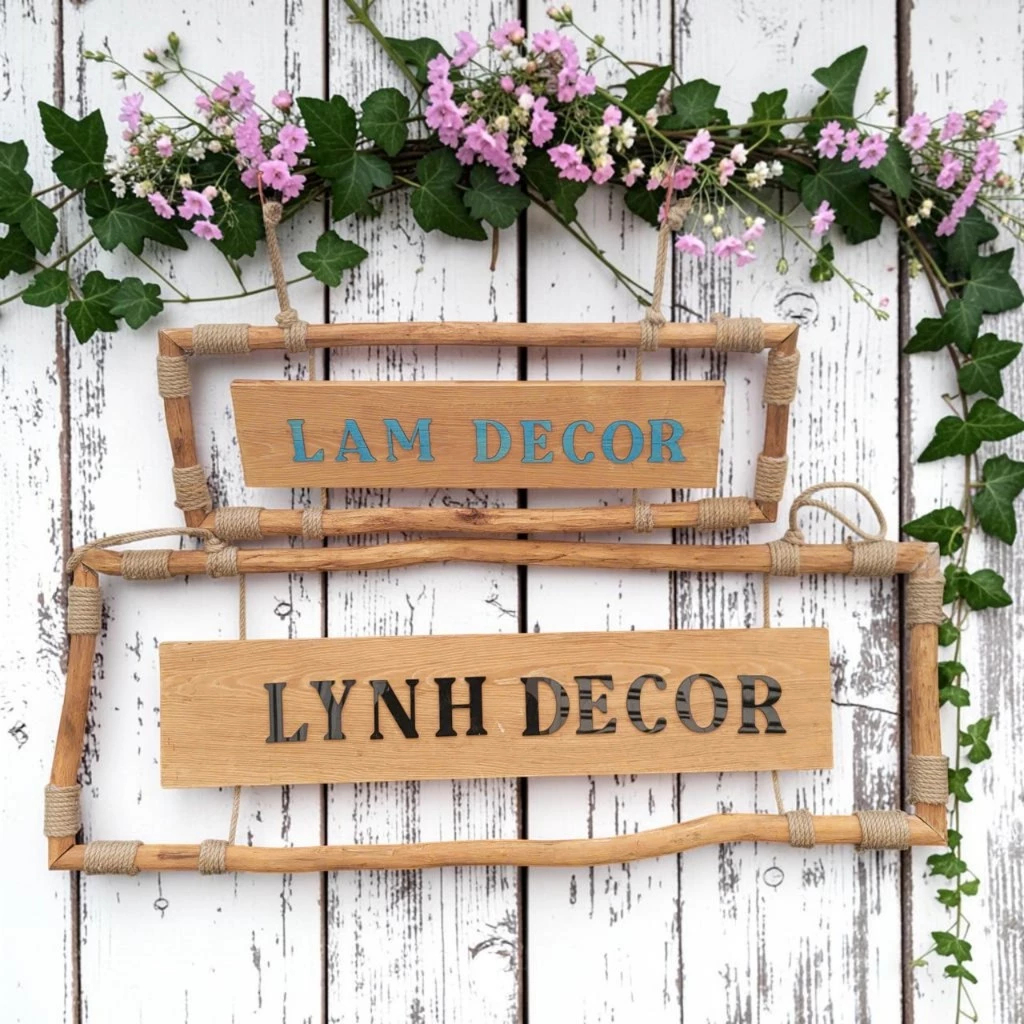 Bảng Hiệu Gỗ Khung Củi Quấn Dây Thừng Chữ Nổi 3mm Sơn Màu – Lynhdecor Miễn Phí Thiết Kế Theo Yêu Cầu