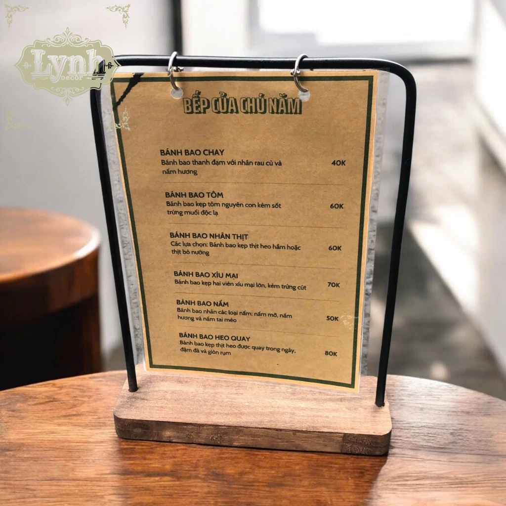 Giá treo Menu Size A5 khung sắt. Lynhdecor miễn phí khắc nội dung đế gỗ