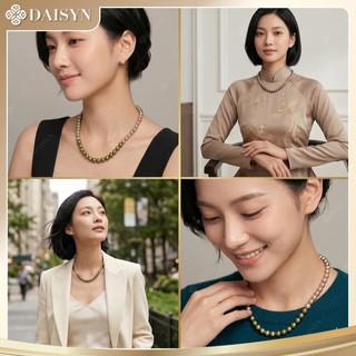 [N1107] Dây Chuyền, Vòng Cổ Ngọc Trai Đá Nhân Tạo Mix Xanh Lá Vàng Sang Trọng - DAISYN
