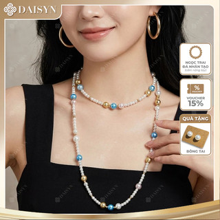N1169 Vòng Cổ Ngọc nhân tạo đá khoá năm châm cao cấp, dây chuyền ngọc trai nhân tạo trắng kem xanh dương
