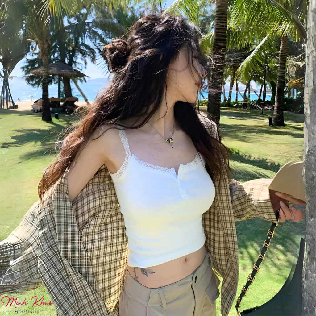 [Mở Bán] Áo Hai Dây Ren Cài Nút Chất Thun Gân Kiểu Sexy Áo Thun Phối Ren Khuy Croptop Ôm Body CR19 Minh Khuê Boutique